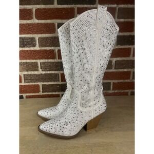 Forever Women 7 Cowboy Western Calf Boots Rhinestone Bling Sequins White
